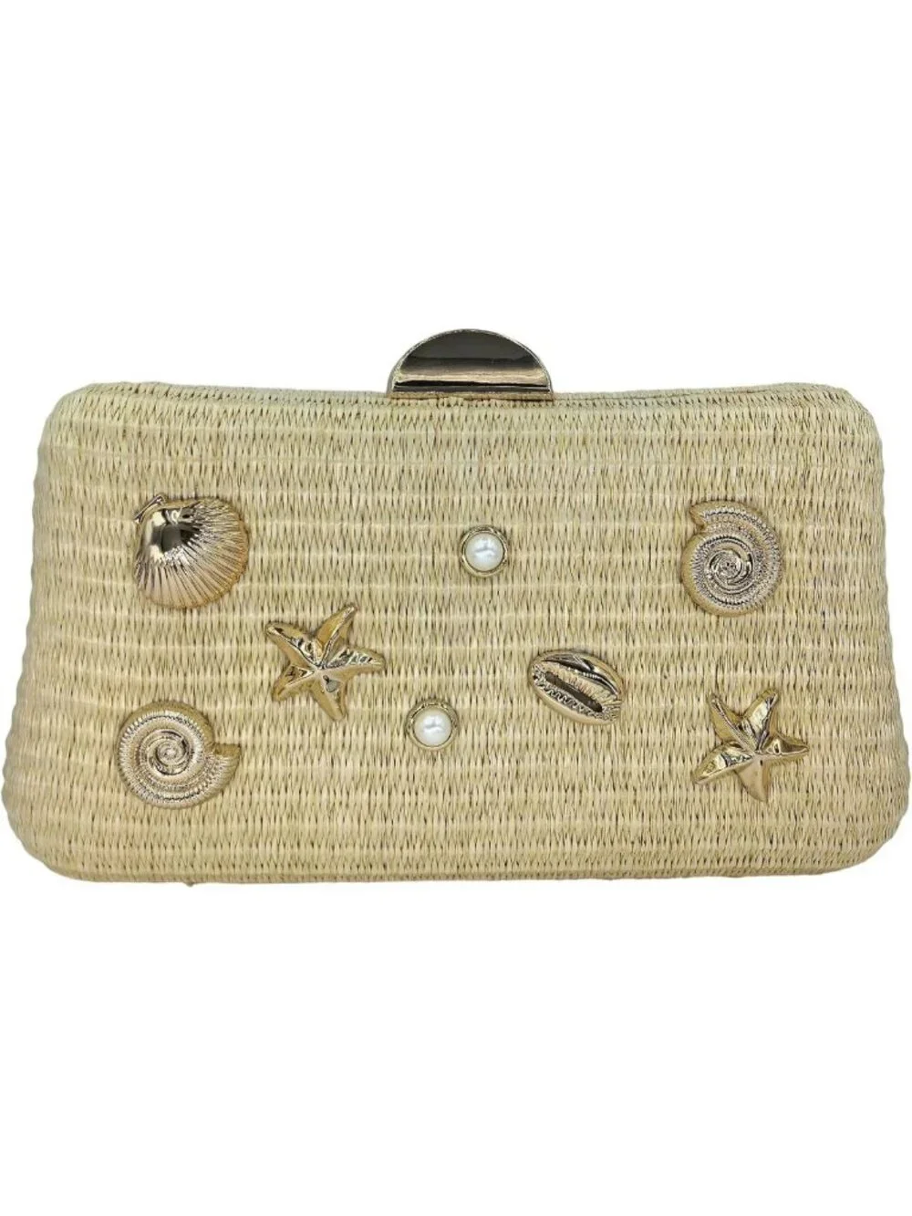 Woven Straw Clutch with Seashell Accents - Boho Beach Evening Bag, Lightweight